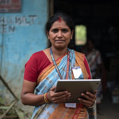 Frontline health worker using a tablet at a Health & Wellness Centre